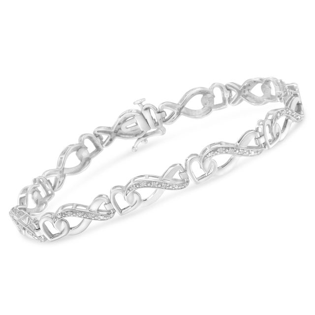 Contemporary .925 Sterling Silver 1/5 Cttw Diamond 7â€ Infinity Heart Tennis Bracelet (H-I Color, I2-I3 Clarity) For Sale - Image 3 of 7
