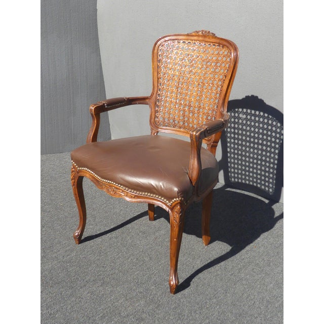 Vintage French Provincial Style Carved Wood Brown Cane Back Accent