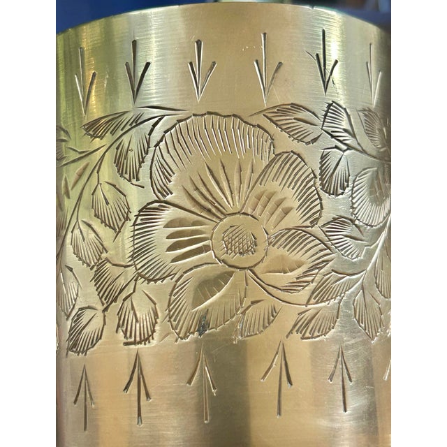 Vintage 1960’s Etched Brass Floral Flower Frog Vase From India For Sale - Image 4 of 7
