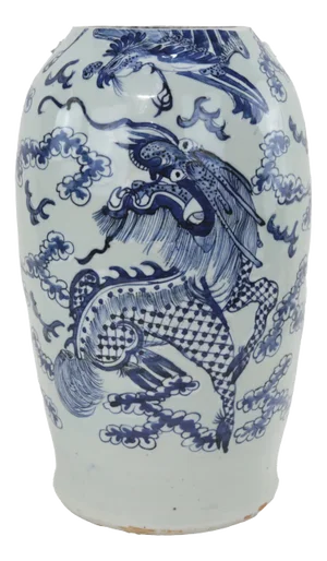Chinese Blue and White Porcelain Vase With Dragons and Cloud Motif