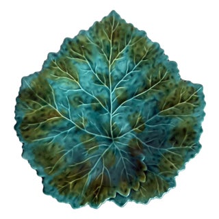 Vintage Portuguese Majolica Turquoise Leaf Plate For Sale