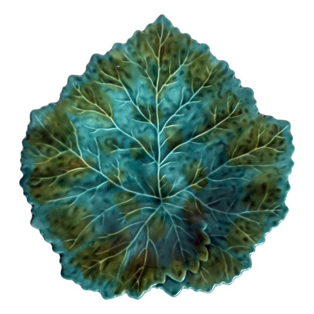 Vintage Portuguese Majolica Turquoise Leaf Plate For Sale