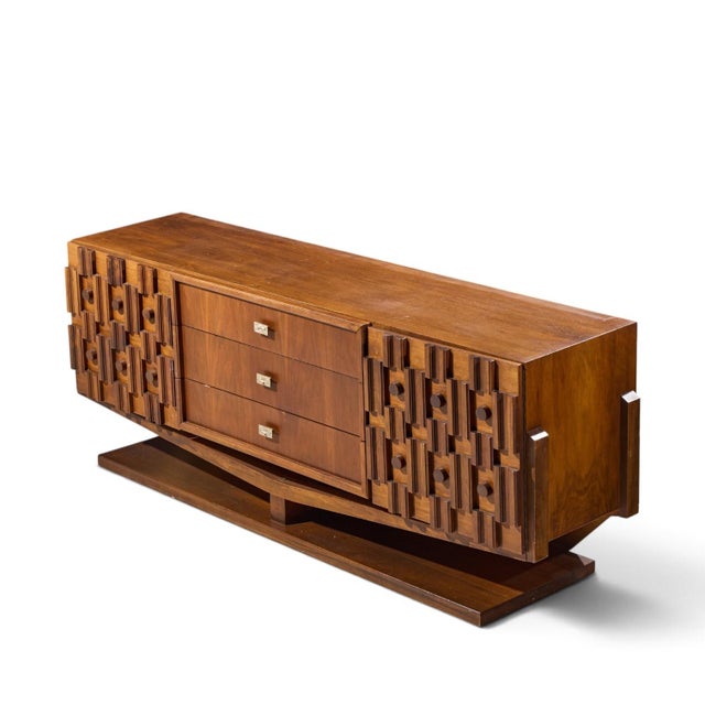 Brown Paul Evans Style Mid Century Canadian Brutalist Walnut 9 Drawer Pedestal Lowboy Dresser For Sale - Image 8 of 8