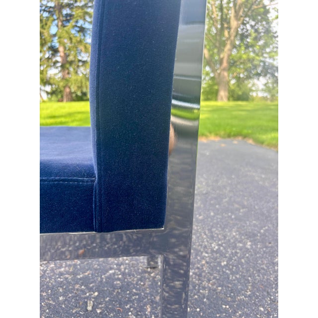 Metal Set of Eight Vintage 1970's MCM Chrome Blue Velvet Dia Dining Chairs by Milo Baughman For Sale - Image 7 of 10