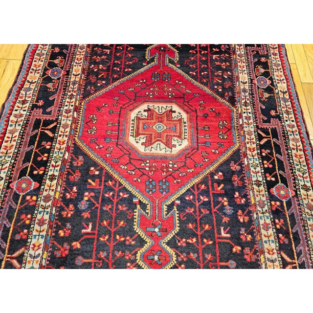 Vintage Persian Hamadan Gallery Rug, Hand-Knotted Wool, Geometric Medallion Pattern, Navy & Red, 6x12 For Sale - Image 14 of 17