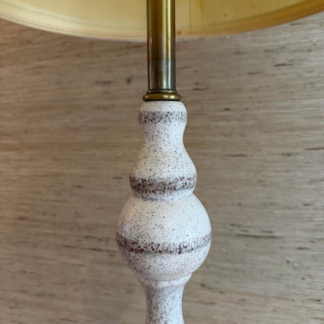 Mid 20th Century Mid Century Modern Tall Ceramic and Brass Table Ivory and Brown Table Lamp For Sale In Cleveland - Image 6 of 8
