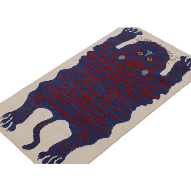 2010s 2010s Rug & Kilim’s Tiger-Skin Rug in White With Blue & Red Pictorial For Sale - Image 5 of 7