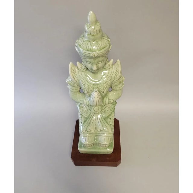 Celadon Thai Celadon Theppanom Guardian Figure on Wood Base — 19.5" For Sale - Image 8 of 10