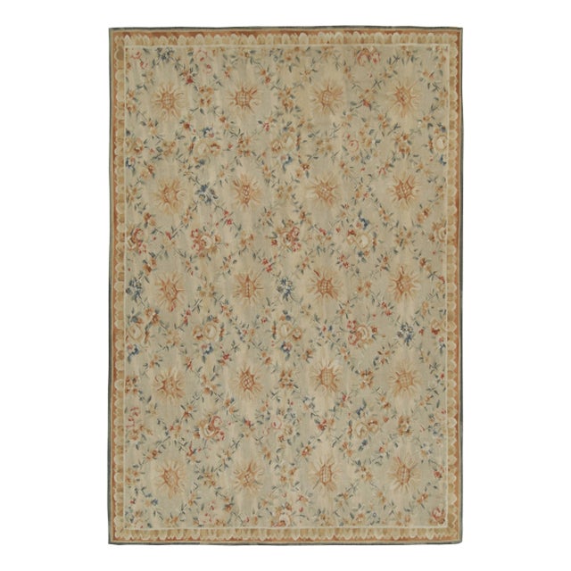 Beige Rug & Kilim’s Aubusson Style Flat Weave in Beige, Gold, Blue Floral Pattern For Sale - Image 8 of 8