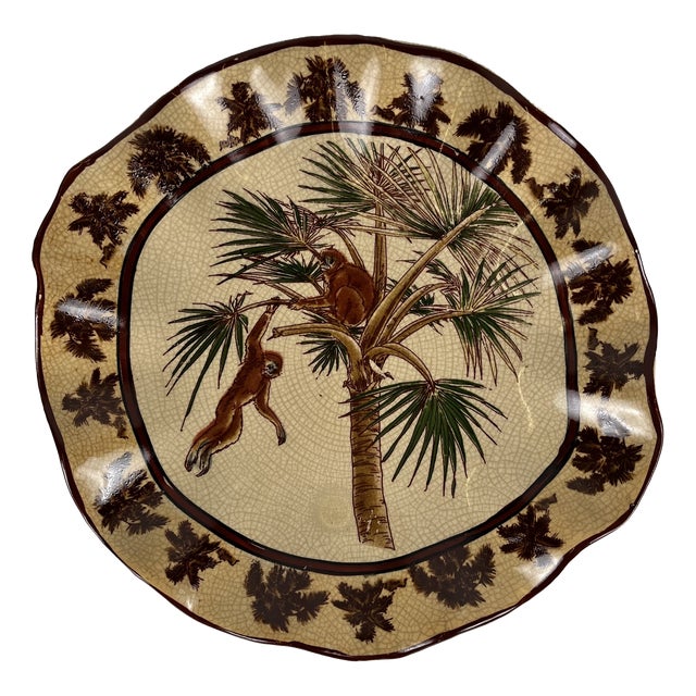 20th Century Crackle-Glazed Earthenware Dish with Exotic Decoration of Monkeys and Palm Trees, 1940s For Sale