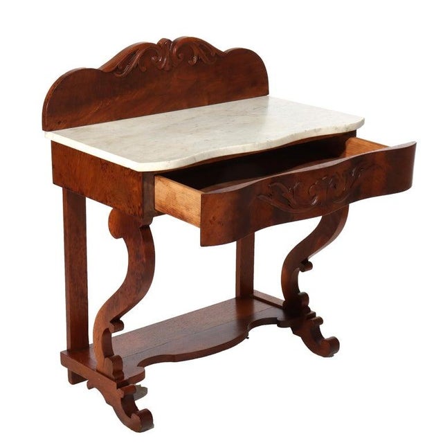 Antique Walnut Marble Top Washstand with Backsplash C1870 Measures - 36.75"H x 30"W x 17"D This antique washstand, dating...