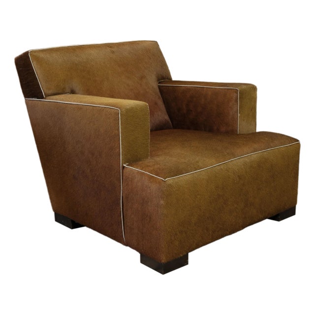 Contemporary Low Profile Cognac Colored Animal Hide Arm Club Chair For Sale
