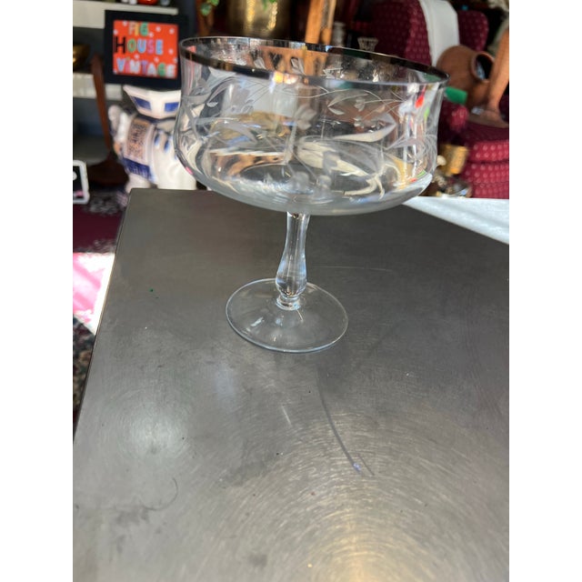 Metal 1970s Dorothy Draper Chrome Rim Etched Champagne Glass For Sale - Image 7 of 9