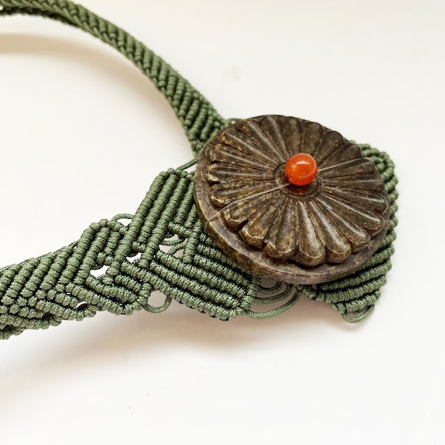 Dark Green 1990s Cambodia Macramé Metal & Jade Necklace For Sale - Image 8 of 10