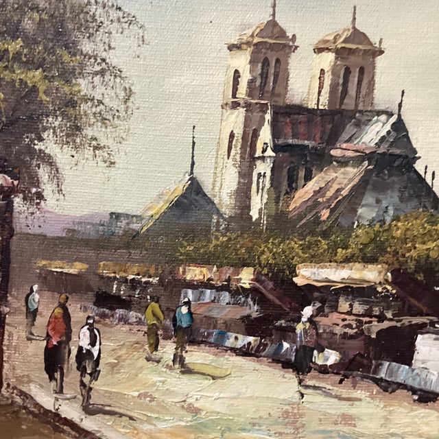 Mid 20th Century Mid 20th Century Paris City Landscape Market Scenes Oil Painting on Canvas Signed Framed For Sale - Image 5 of 12