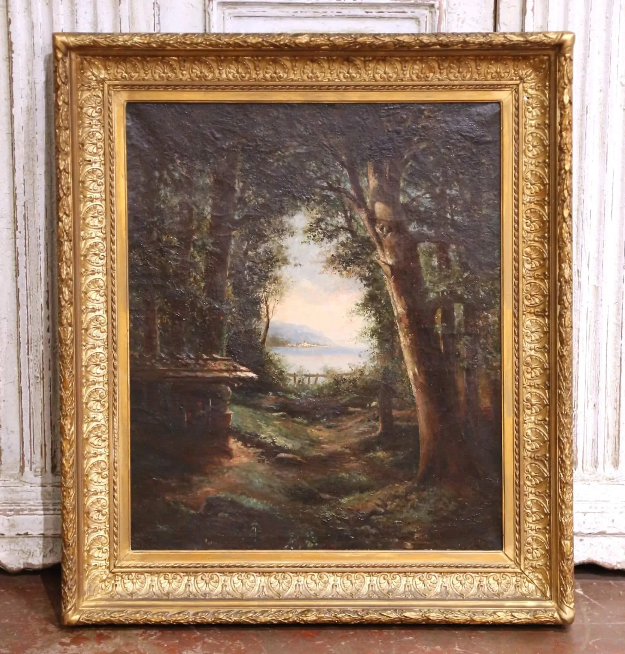 19th C. French Barbizon School Oil on Canvas Landscape in Giltwood