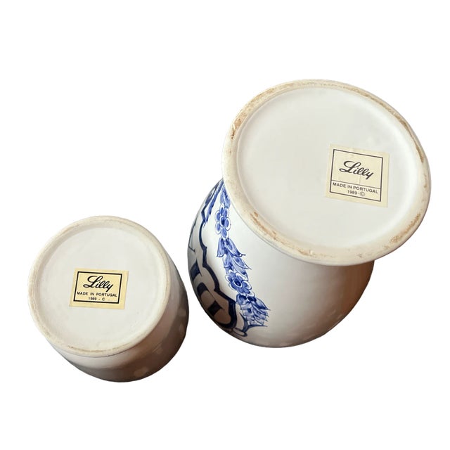 1980s Hand Painted Blue and White Azulejos Delft Apothecary Jar Vase Portugal a Pair For Sale - Image 9 of 9
