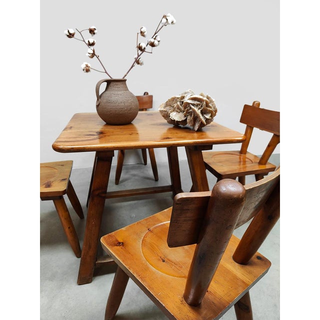 Vintage Brutalist Wooden Dining Set Chairs & Table Wooden Dining Set, 1970, Set of 5 For Sale - Image 4 of 7