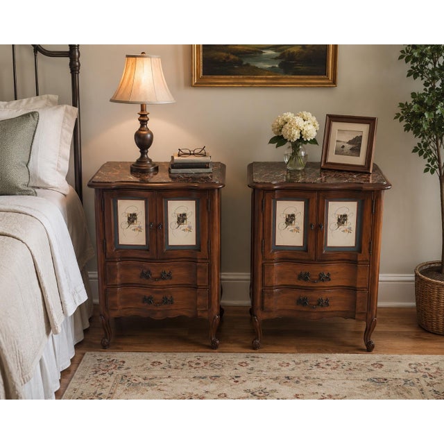A charming matching pair of vintage French Provincial-style bedside cabinets featuring beautifully shaped wood cases,...