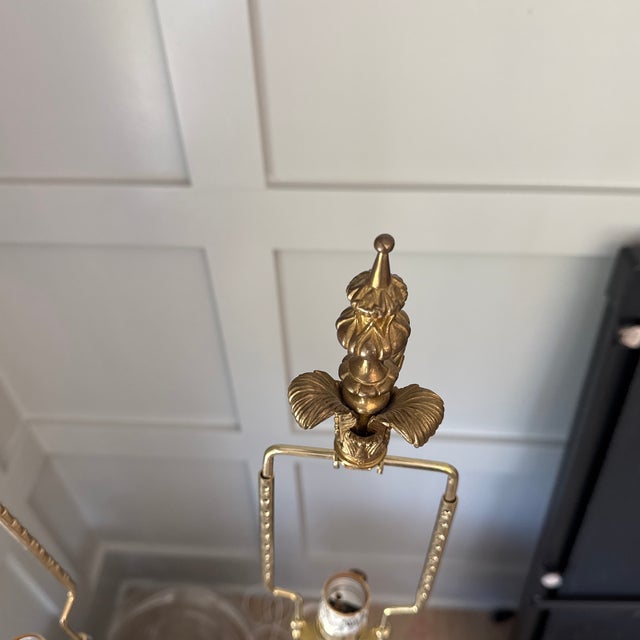 1980s John Richard Pillar Lamps Features Detailed Brass Palm Frond Accents and a Leaded Crystal Column - a Pair For Sale - Image 6 of 12