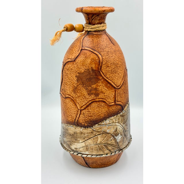 1960s Folk-Art Mexican Hand-Tooled Leather and Tin Wrapped Bud Vase Southwestern Decor For Sale - Image 5 of 7