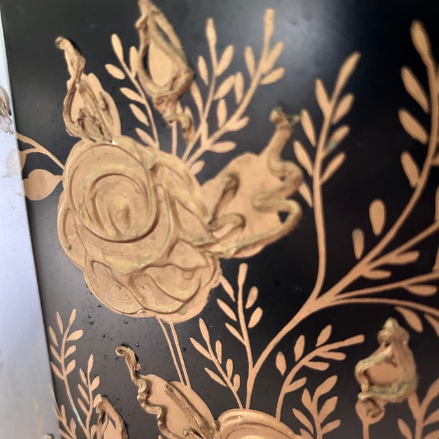 Vintage Wolff Black & Gold Floral Toleware Wastebasket For Sale - Image 10 of 14