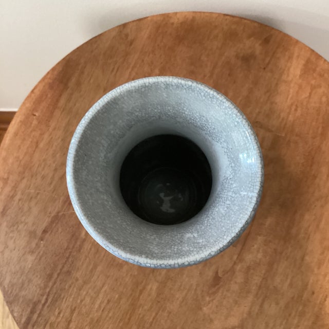 Chinese Vintage Chinese Blue Crackle Glaze Porcelain Baluster Vase on Wood Base For Sale - Image 3 of 12
