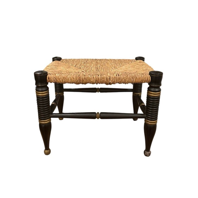 Antique Ebonized Hitchcock Stool / Footsool With Woven Rush Seat, Stenciling, & Spool Legs For Sale - Image 10 of 12