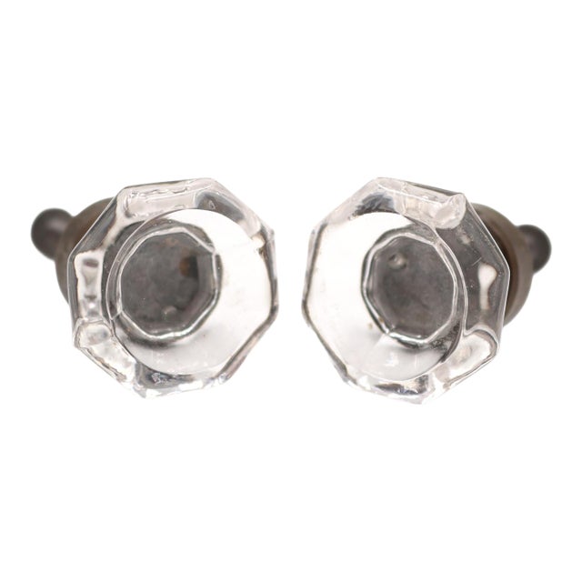 Pair of Vintage 1.25 In. Concave Octagon Clear Glass Cabinet Knobs For Sale