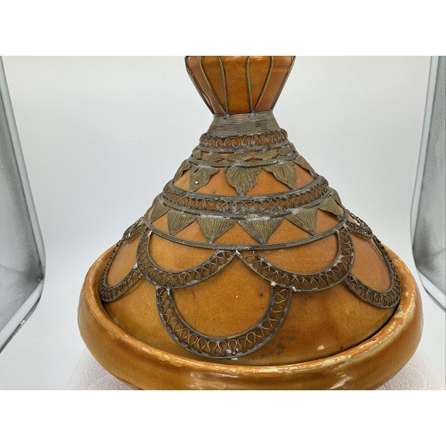 Vintage Moroccan Tagine Ceramic Silver Tone Filigree Metal Overlay Ornate For Sale - Image 9 of 10