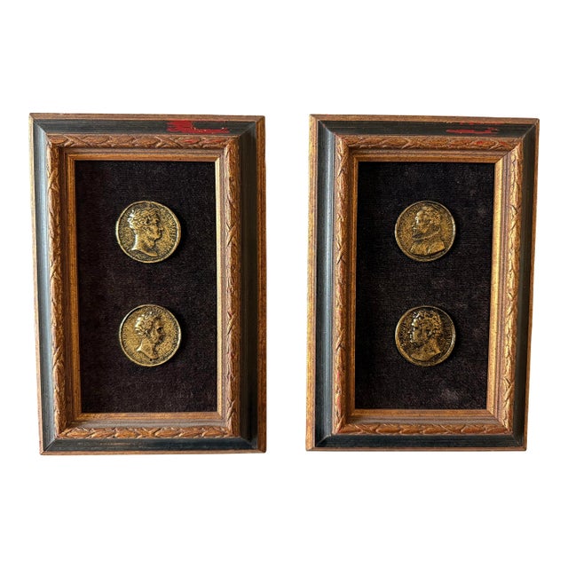 Pair of Mid Century Framed Roman Medallions or Coins For Sale