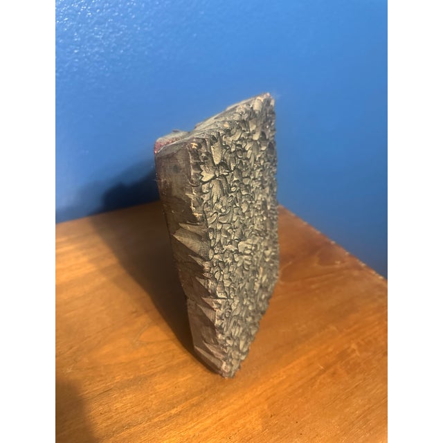 A symbol or design and industry. This large, vintage Indian hand-carved wooden block stamp is a piece of artistic...