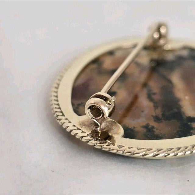 Vintage 9ct Yellow Gold Moss Agate Brooch, Sheffield, 1989 For Sale - Image 12 of 18