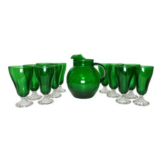Mid-Century Anchor Hocking Forest Green Burple Goblets and Roly-Poly Pitcher – 13 Pieces For Sale