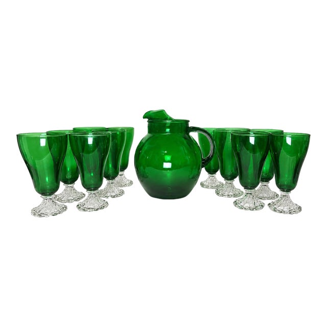 Mid-Century Anchor Hocking Forest Green Burple Goblets and Roly-Poly Pitcher – 13 Pieces For Sale