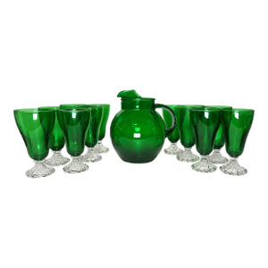 Mid-Century Anchor Hocking Forest Green Burple Goblets and Roly-Poly Pitcher – 13 Pieces