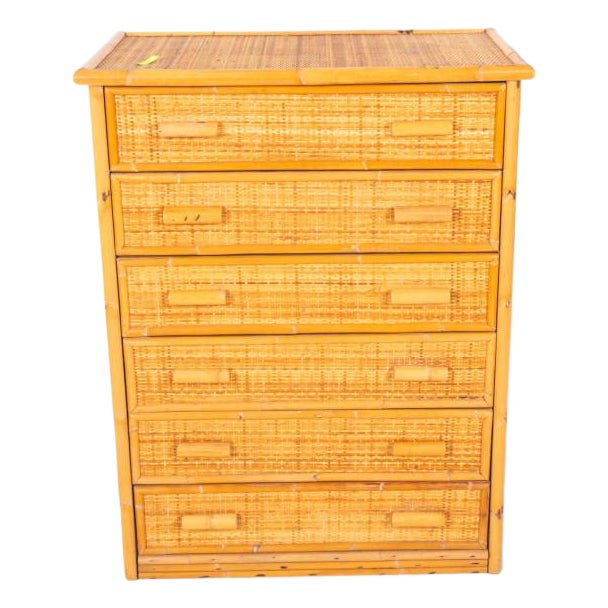 Vintage Bamboo and Woven Rattan Chest of 5 Drawers, 1970s For Sale