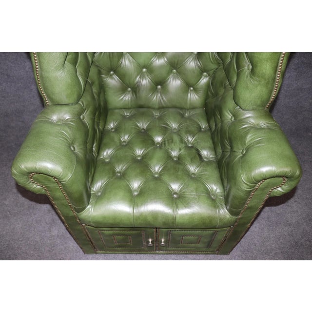 Fine Custom Brass Nail Head Trimmed Green Leather Tufted Porter Canopy Chair For Sale - Image 11 of 12