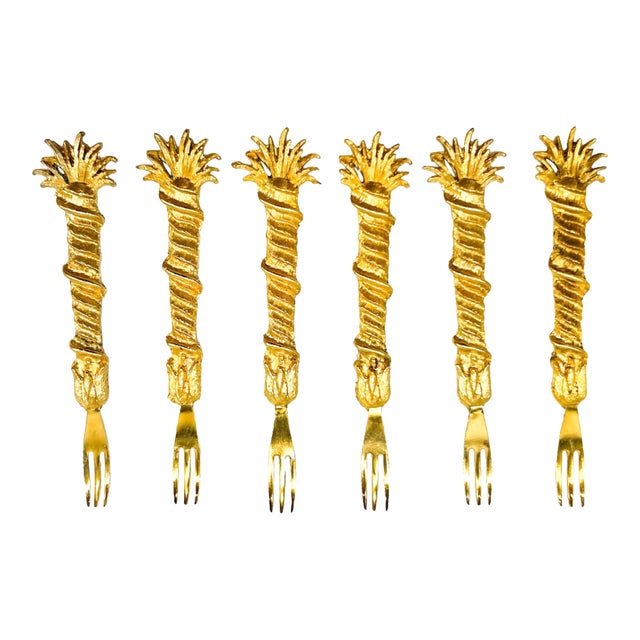 Mid Century Florentine Gold Gilt Canapé / Hors d'Oeuvres Forks – Set of 6 in Original Box – Hollywood Regency / Italian Provincial For Sale