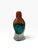Hand-blown studio art glass vase with a dramatic pulled clear-glass foot, a deep teal body, and flame-like red and amber...