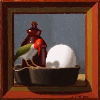Petit Dejeuner by Shawn Sullivan | Oil Painting of a bird with a bottle and an egg For Sale