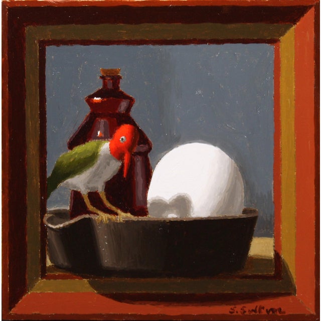 Petit Dejeuner by Shawn Sullivan | Oil Painting of a bird with a bottle and an egg For Sale