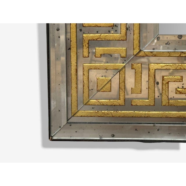 Glass Set of 2 Hollywood Regency Style Etched Glass Gilt Greek Key Wall Mirrors, Usa For Sale - Image 7 of 8
