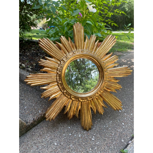 Mid 20th Century Large 18" Bright Gold Italian Giltwood Sunburst Wall Mirror For Sale - Image 12 of 15