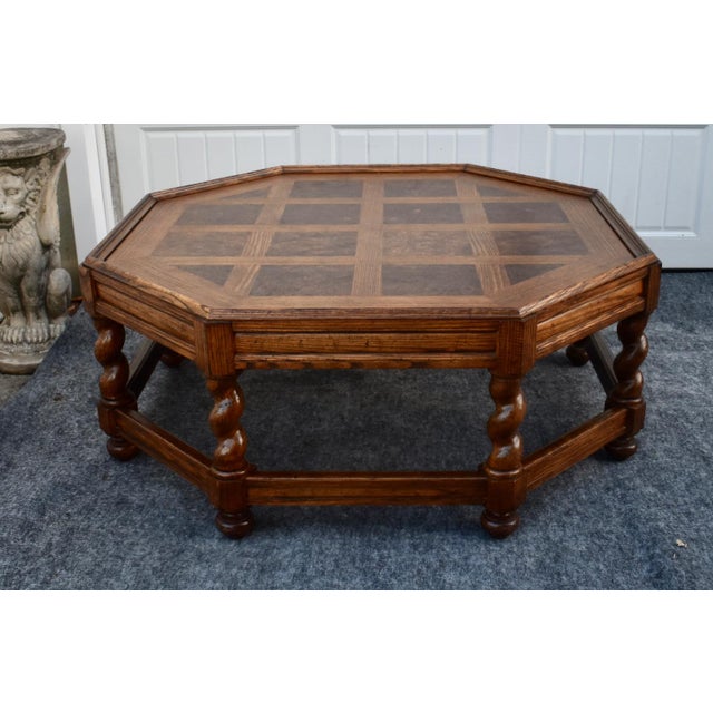 Baker Oak and Burl Coffee Table Vintage Jacobean Style Octagonal For Sale - Image 10 of 13