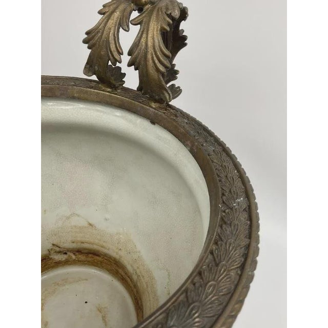 Orange Large Chinese Porcelain Jardiniere Chinoiserie Planter Ornate Cast Metal Handles Coral Floral Cachepot For Sale - Image 8 of 9