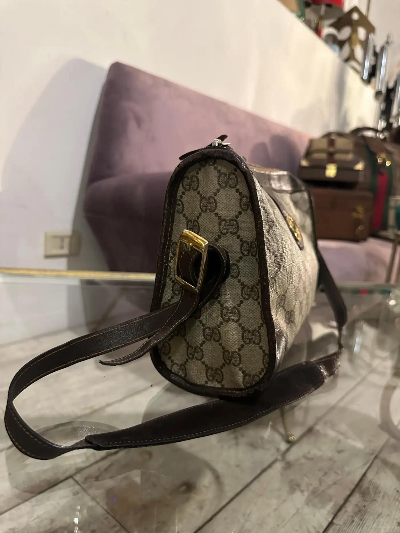 1970s Gucci Canvas and Leather Shoulder Bag With Gold Interlocking