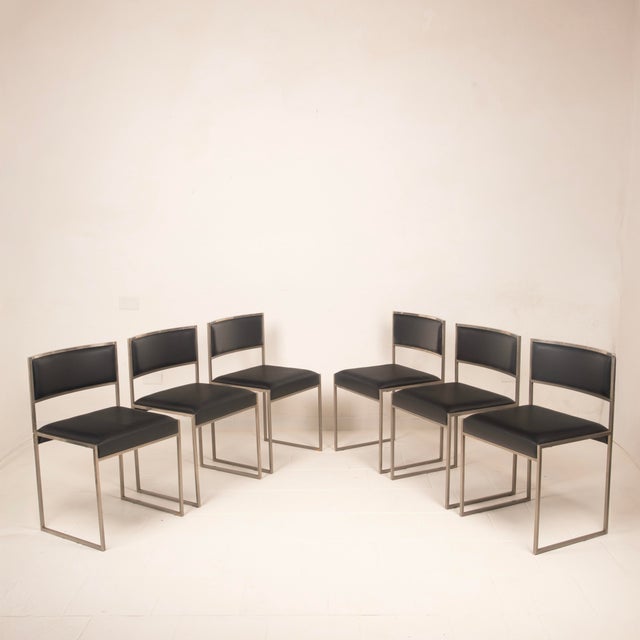 Italian SQ Dining Chairs in Brushed Steel and Black Vegan-Leather, 1970s, Set of 6 For Sale - Image 12 of 18