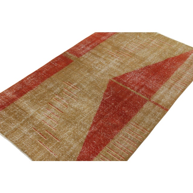 Mid-Century Modern 1960s Vintage Art Deco Distressed Rug, Red, Gold Geometric Pattern For Sale - Image 3 of 6