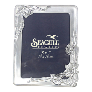 Vintage Pewter Picture Frame 5 X 7 Large, Seagull Daffodil Easel, Table Top Photo Horizontal or Vertical